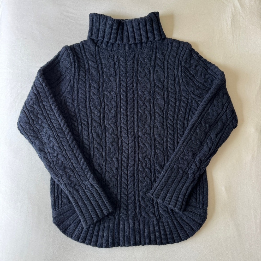 Duluth Trading Co Wool Cashmere Cable Knit Turtleneck Sweater L Navy Fisherman